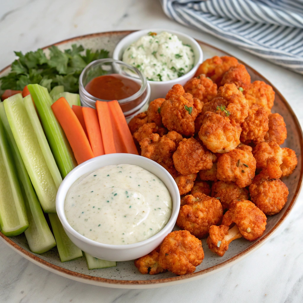 Cooked Buffalo Cauliflower Bites with Small bowls of blue cheese and ranch dressing with side vegetables.