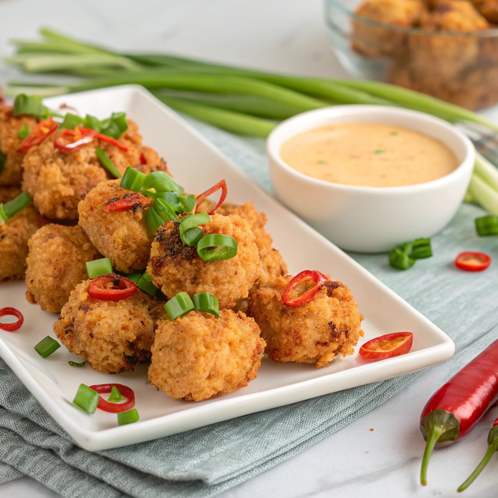 Crispy Bang Bang Chicken Bites served with a flavorful sauce
