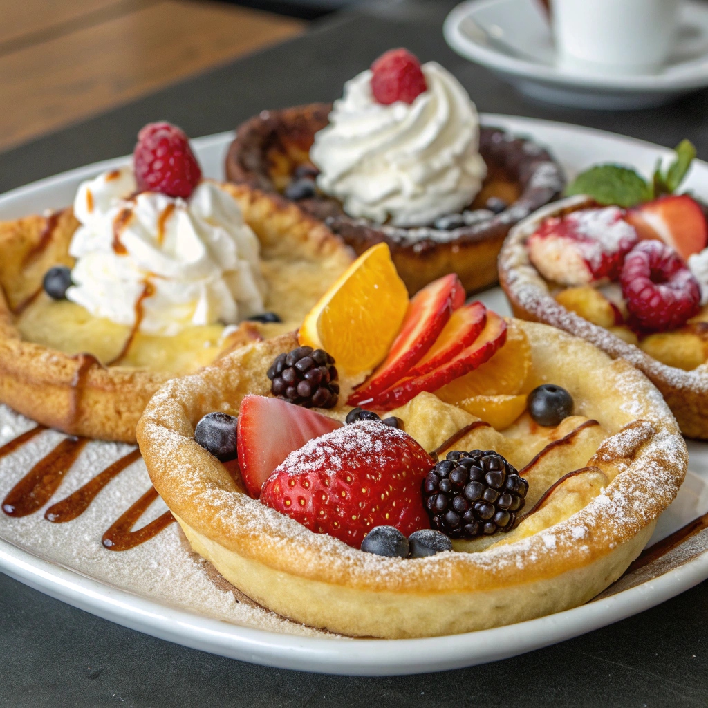 A variety of toppings including berries, sliced fruit, whipped cream, and syrup arranged on a plate.