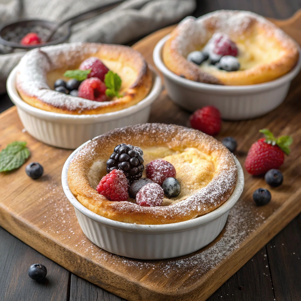 Delicious Dutch Babies pancake topped with fresh berries and powdered sugar.