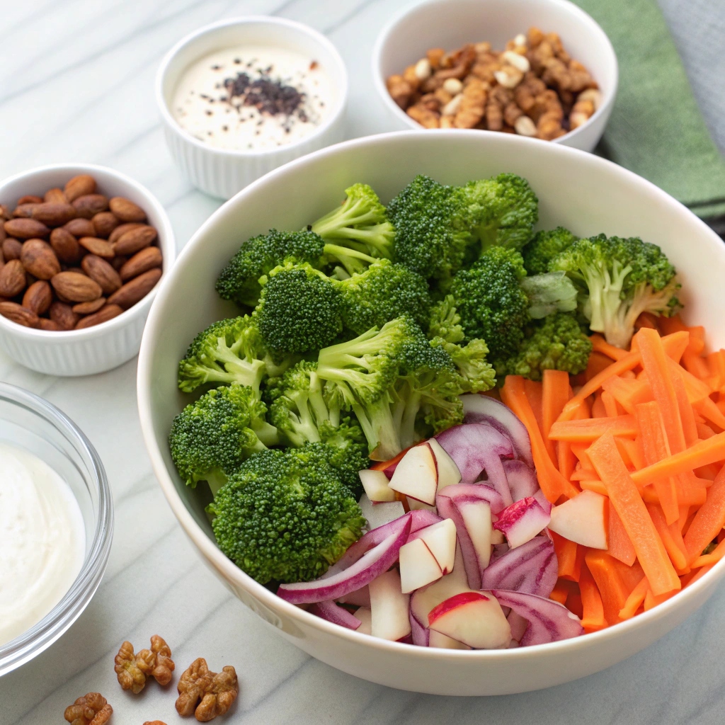 "Fresh and vibrant broccoli salad recipe featuring crunchy vegetables and a creamy dressing."
