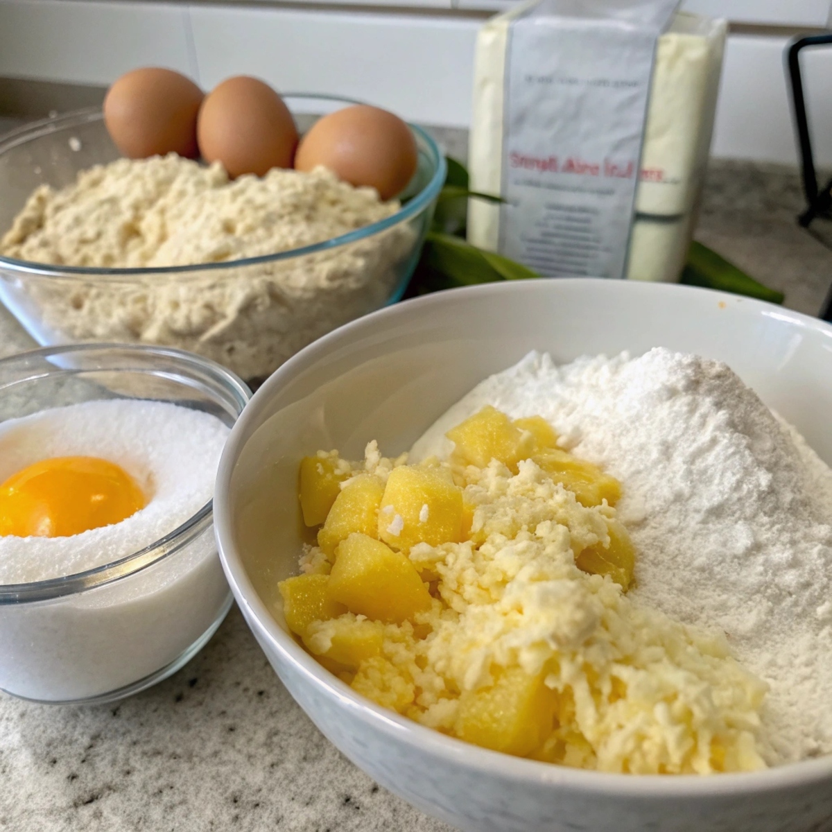 Fluffy cake ingredients: flour, eggs, crushed pineapple, and shredded coconut