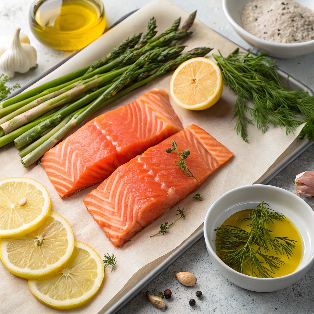 Salmon fillets seasoned with herbs and lemon slices, placed on a lined baking sheet, ready to bake.