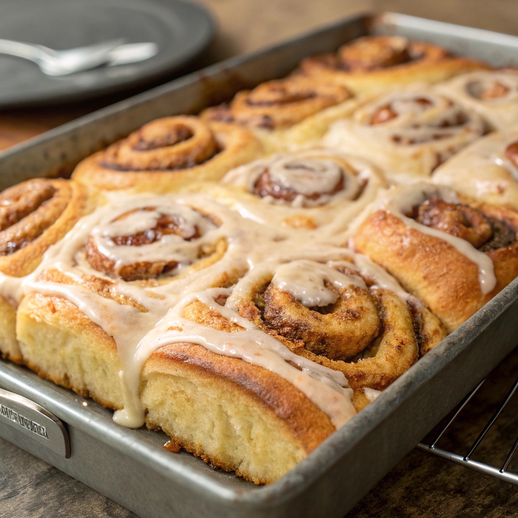Freshly baked Cinnamon Roll Focaccia drizzled with icing