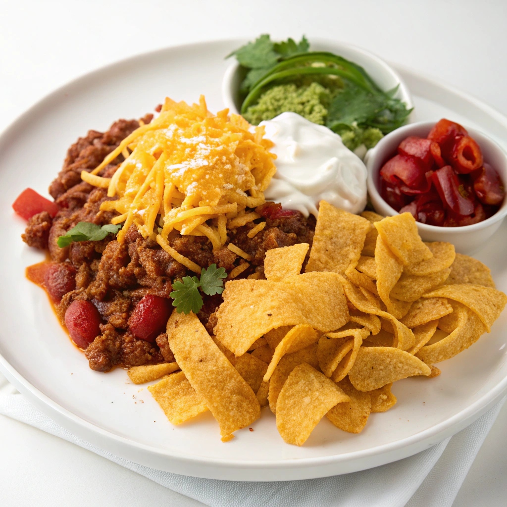 Ingredients for classic Frito Pie including Fritos corn chips, chili, shredded cheddar cheese, and toppings