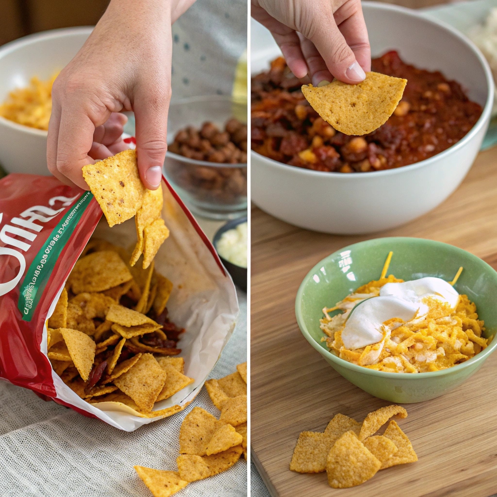Step-by-step instructions for assembling and baking Frito Pie