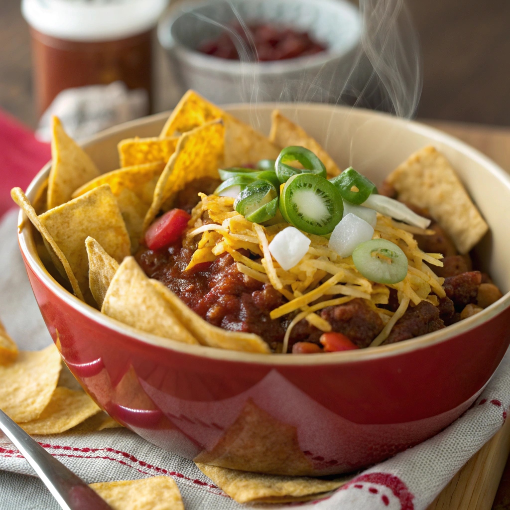 Frito Pie Fresh Out of the Oven with Toppings