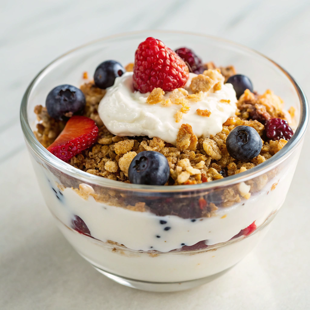 Delicious Greek Yogurt Parfait layered with fresh fruits and granola in a clear glass.