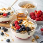 Delicious Greek Yogurt Parfait layered with fresh fruits and granola in a clear glass.