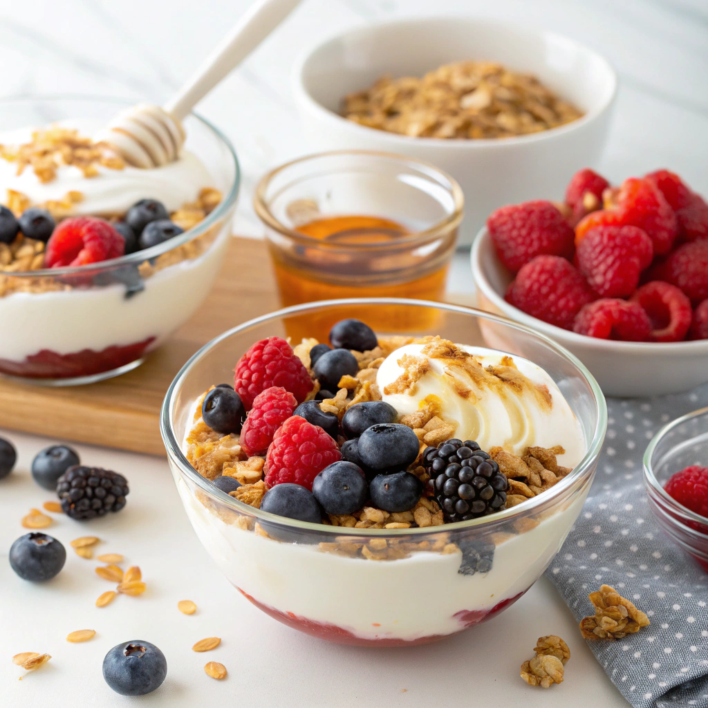 Delicious Greek Yogurt Parfait layered with fresh fruits and granola in a clear glass.