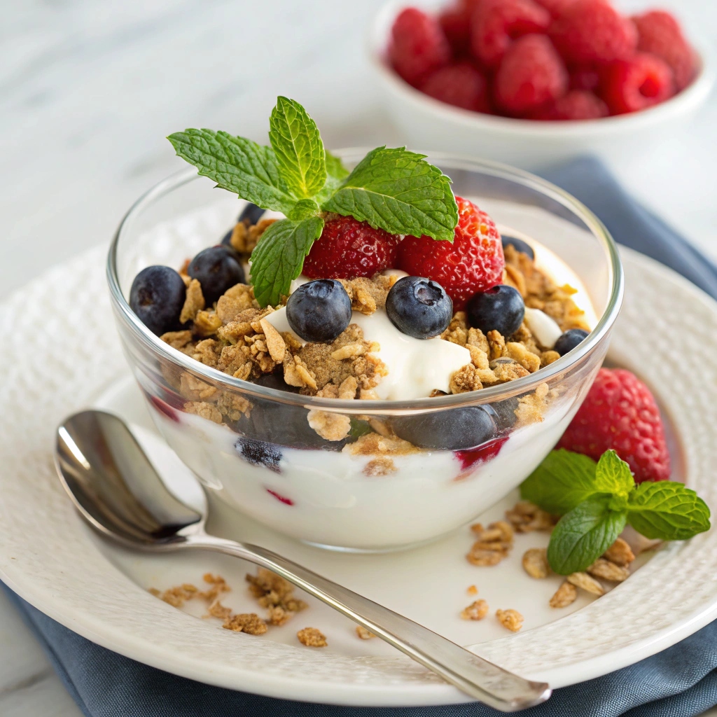 Delicious Greek Yogurt Parfait layered with fresh fruits and granola in a clear glass.