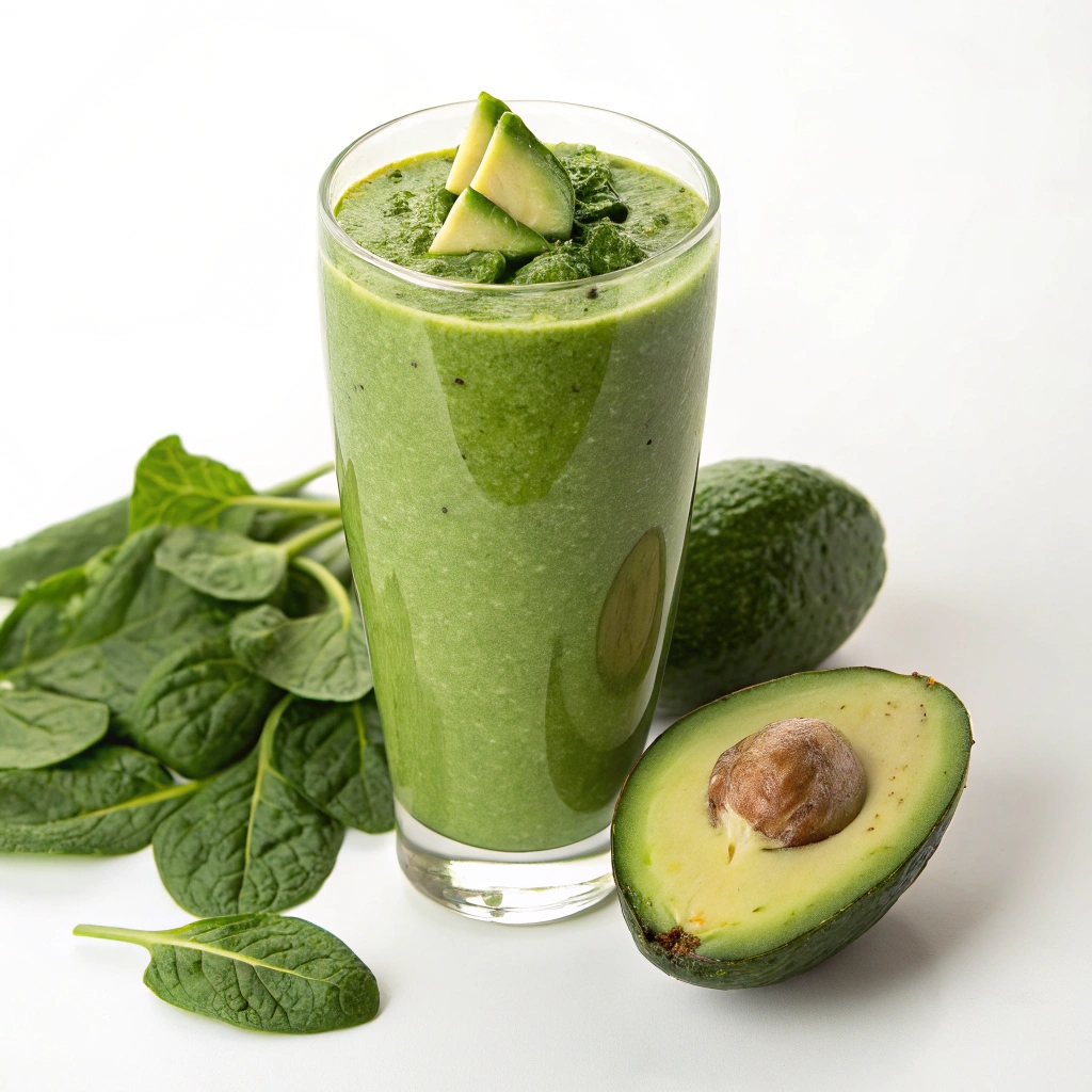 A tall glass of vibrant green smoothie topped with cucumber slices, surrounded by fresh spinach leaves, an avocado, and a halved avocado, set against a plain white background.