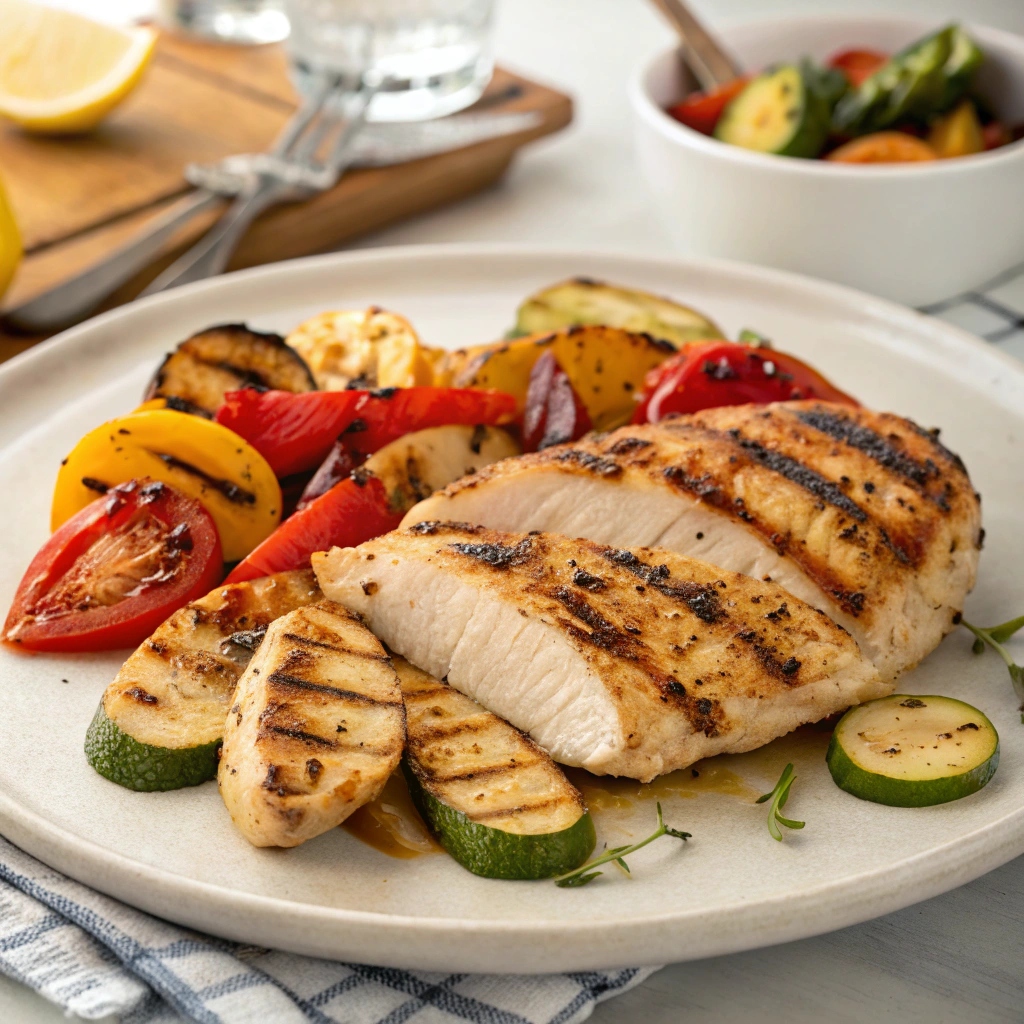 Juicy grilled chicken breasts with grill marks cooking on a charcoal or stovetop grill pan.healthy grilled chicken