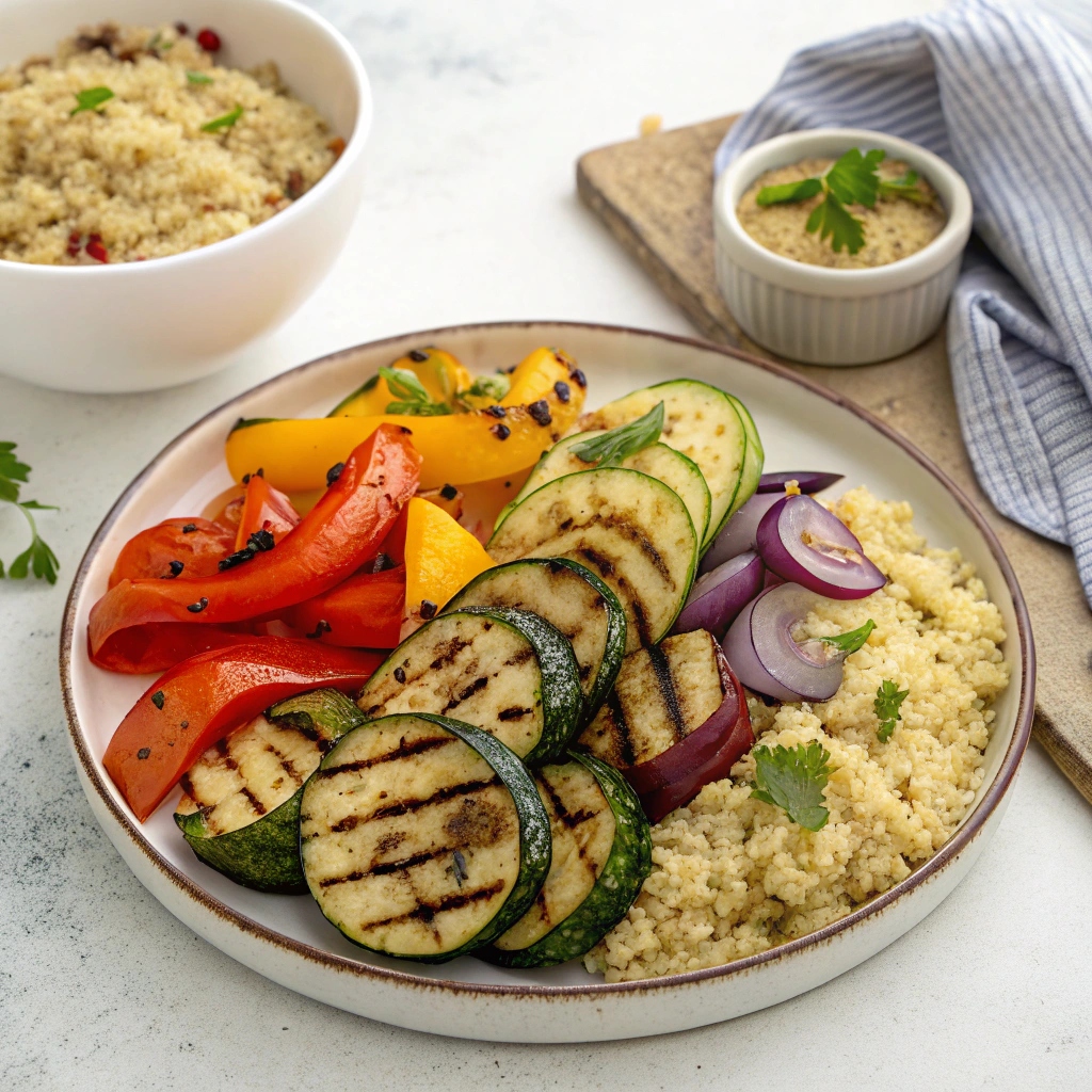 Colorful platter of perfectly grilled vegetables, including zucchini, bell peppers, eggplant, and cherry tomatoes, arranged beautifully on a serving tray