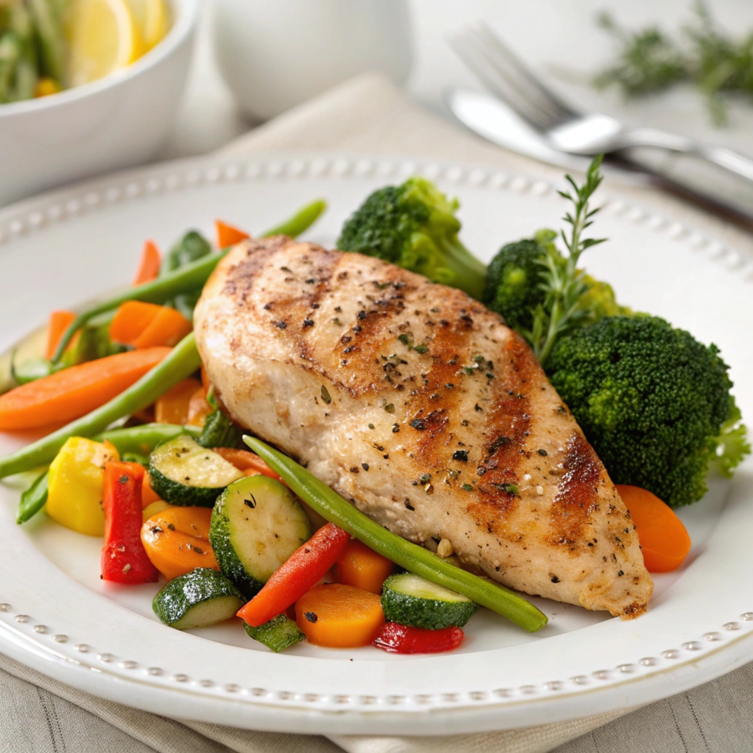 Healthy grilled chicken breast served alongside colorful roasted or steamed vegetables, highlighting a nutritious and balanced meal.
