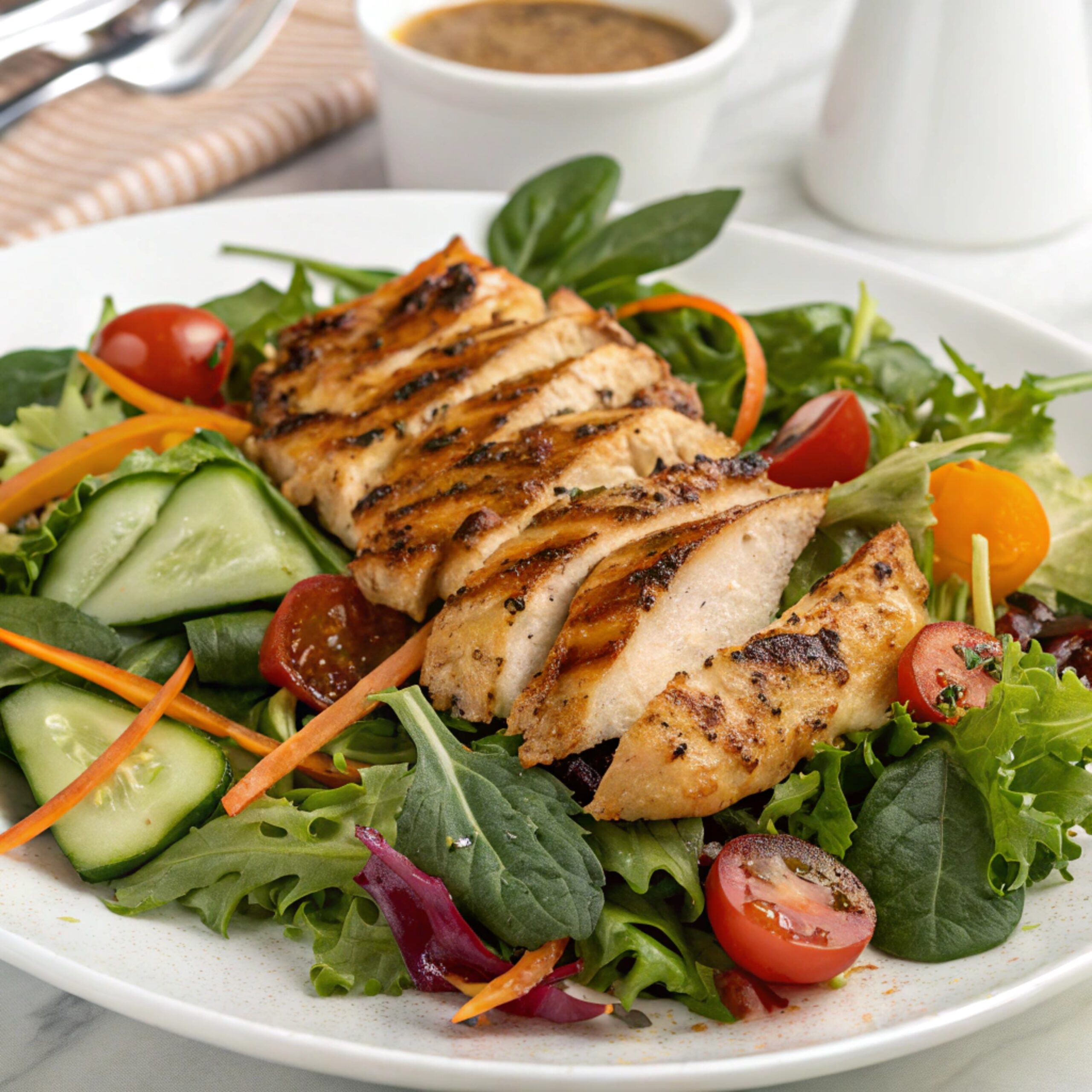 Grilled chicken breast served alongside a colorful, fresh salad with cherry tomatoes, cucumbers, and leafy greens, topped with a light vinaigrette.