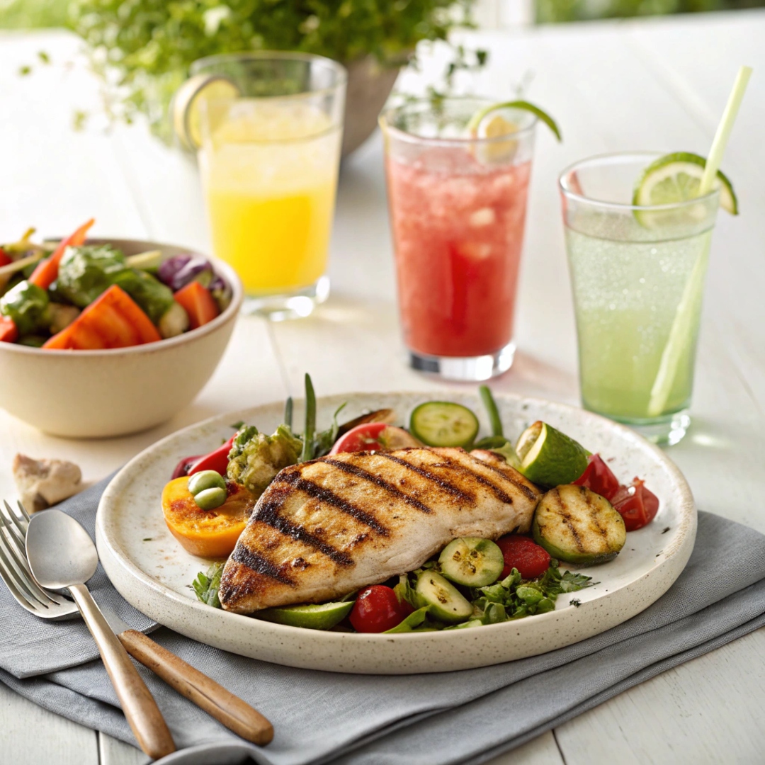 Healthy grilled chicken with roasted vegetables paired with refreshing, hydrating drinks like infused water or fresh juice on a bright table.