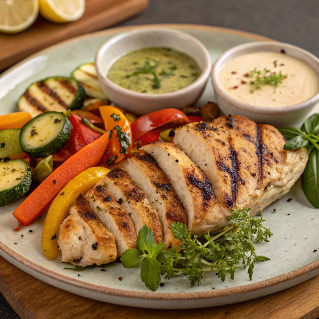 Healthy grilled chicken with roasted vegetables served with light sauces and dips, presented on a plate with fresh herbs for added flavor.