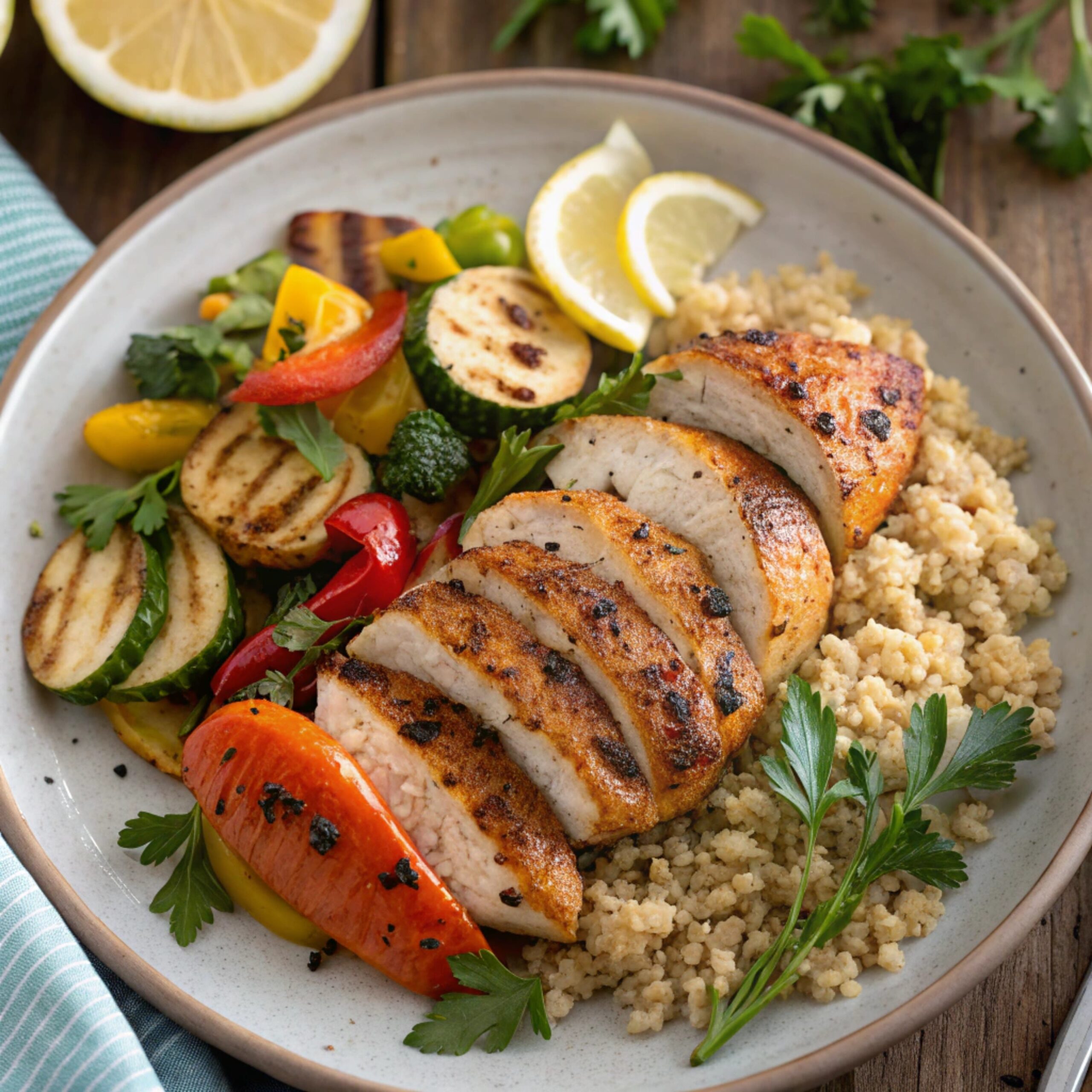 A healthy plate featuring grilled chicken breast, colorful roasted vegetables, and a serving of cooked quinoa, garnished with fresh herbs.
