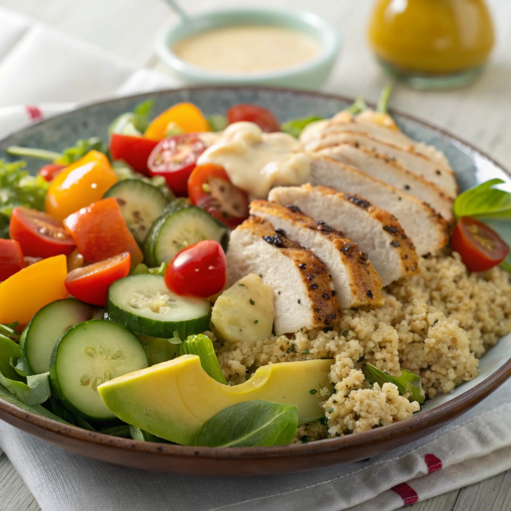 Completed healthy quinoa salad with mixed vegetables, garnished with herbs and lemon slices, ready to enjoy.