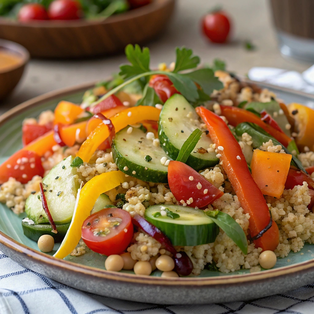 A vibrant display of ingredients used to prepare the healthy quinoa salad with mixed vegetables, showcasing colorful vegetables, cooked quinoa, fresh herbs, and dressings ready for assembling a wholesome dinner.
healthy dinner ideas