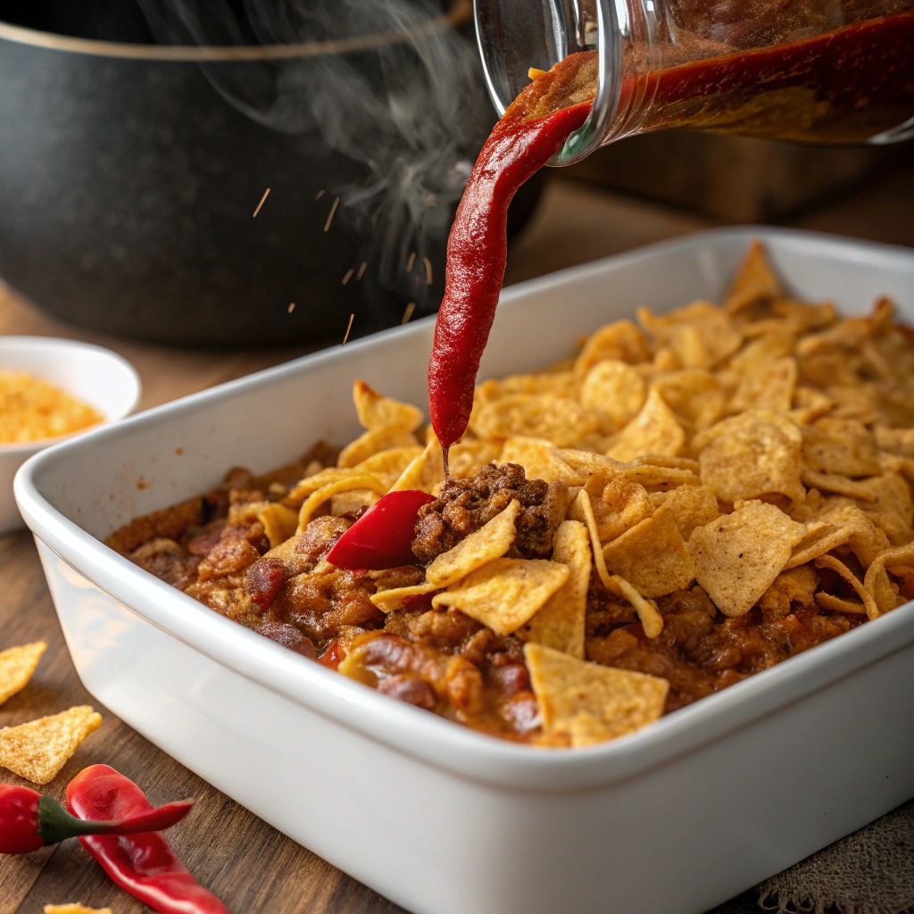 Golden Fritos corn chips layered in a baking dish ready for chili topping