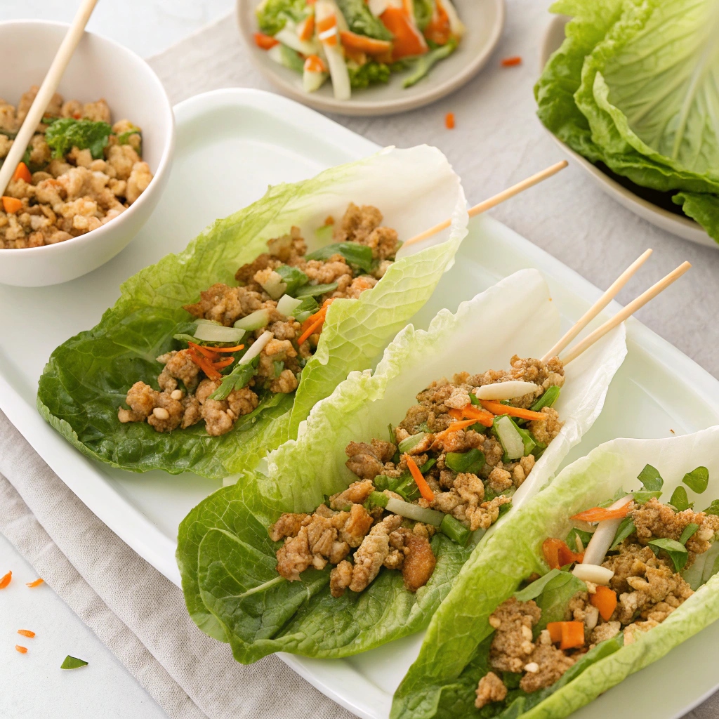 "Crisp romaine lettuce filled with flavorful seasoned chicken and fresh vegetables, ready to be enjoyed as healthy lettuce wraps."