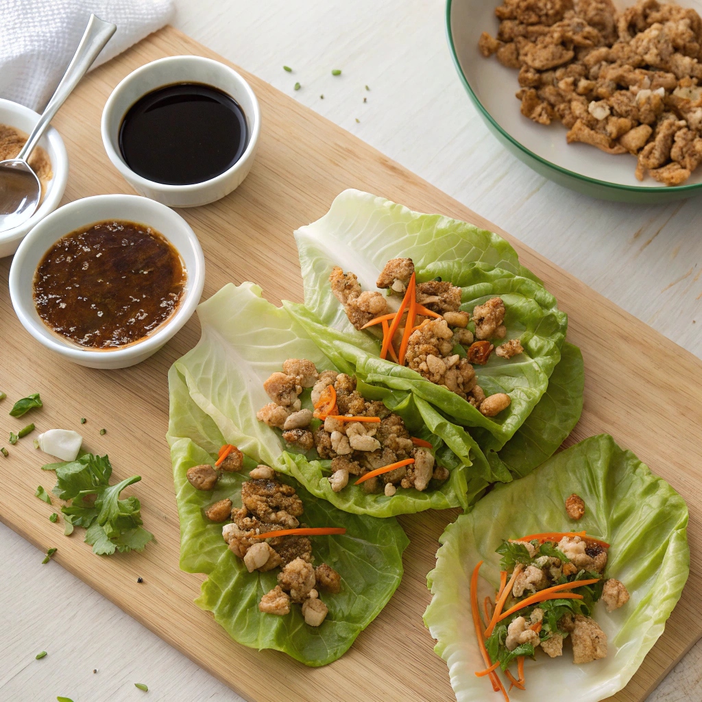 Close-up of a plate of assembled healthy lettuce wraps garnished with green onions and chopped peanuts