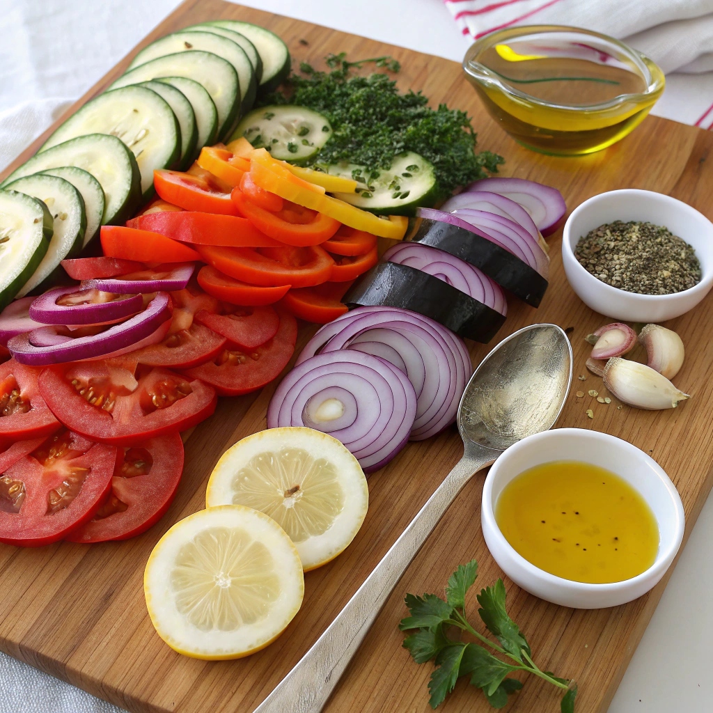  fresh vegetables including zucchini, bell peppers, eggplant, red onion, garlic, lemon, and assorted herbs ready for grilling"