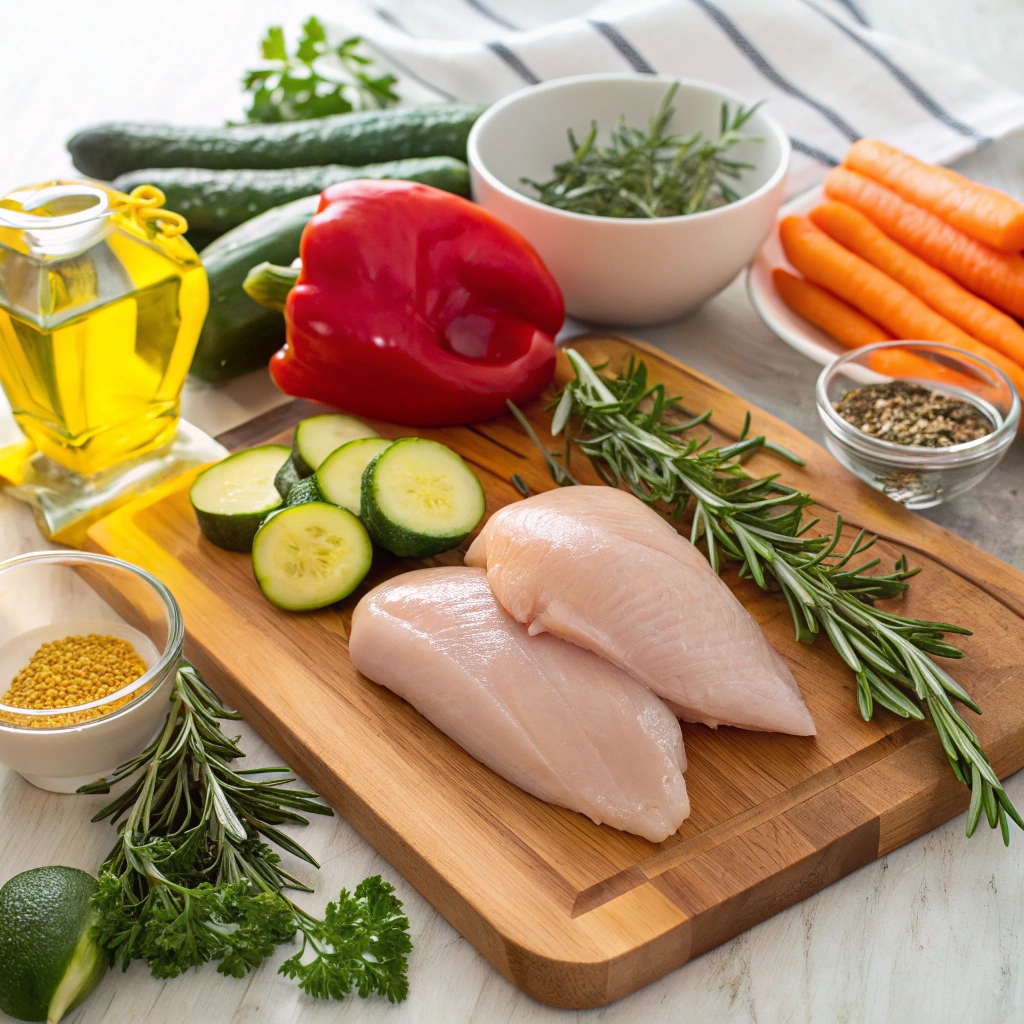 Spread of colorful vegetables, including bell peppers, zucchini, and carrots, roasting on a baking sheet in the oven. healthy dinner ideas