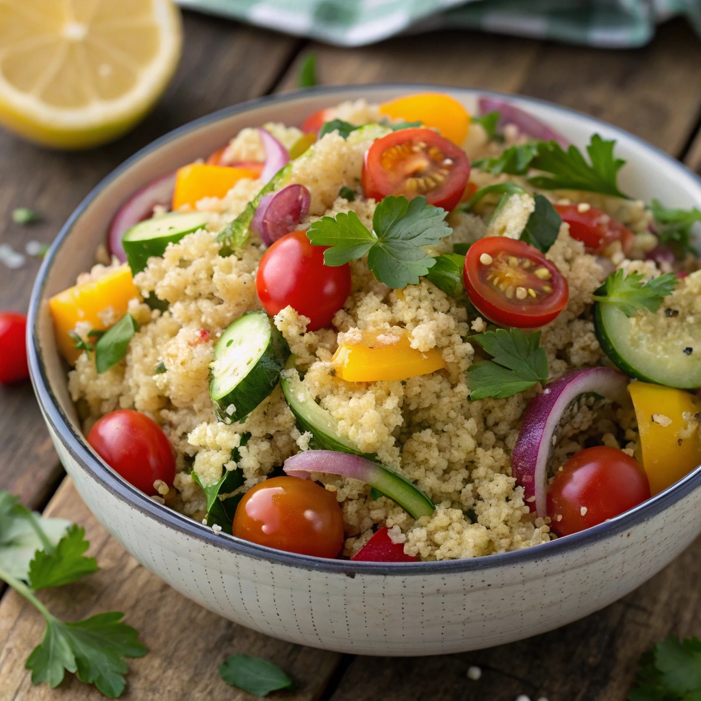 Hands tossing fresh quinoa and vegetables with vinaigrette in a large bowl, preparing a healthy dinner.