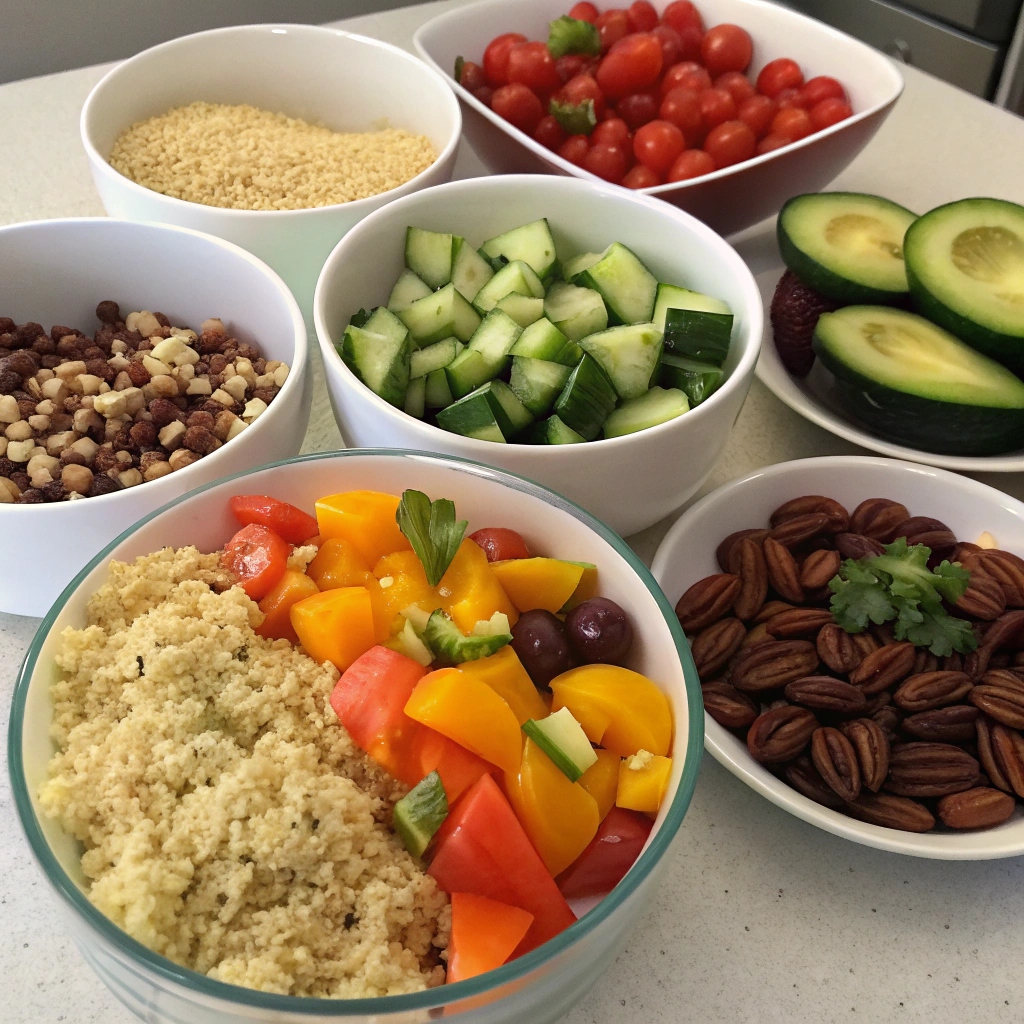 Assorted fresh ingredients for healthy quinoa salad, including cooked quinoa, cherry tomatoes, cucumbers, bell peppers, red onion, herbs, olive oil, lemon, and seasonings