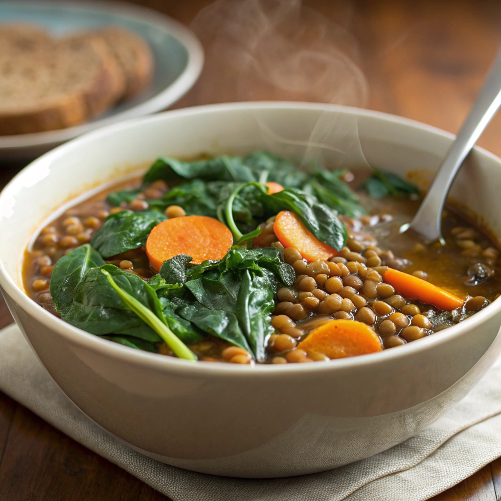 Delicious Lentil Soup with Spinach and Carrots served in a bowl