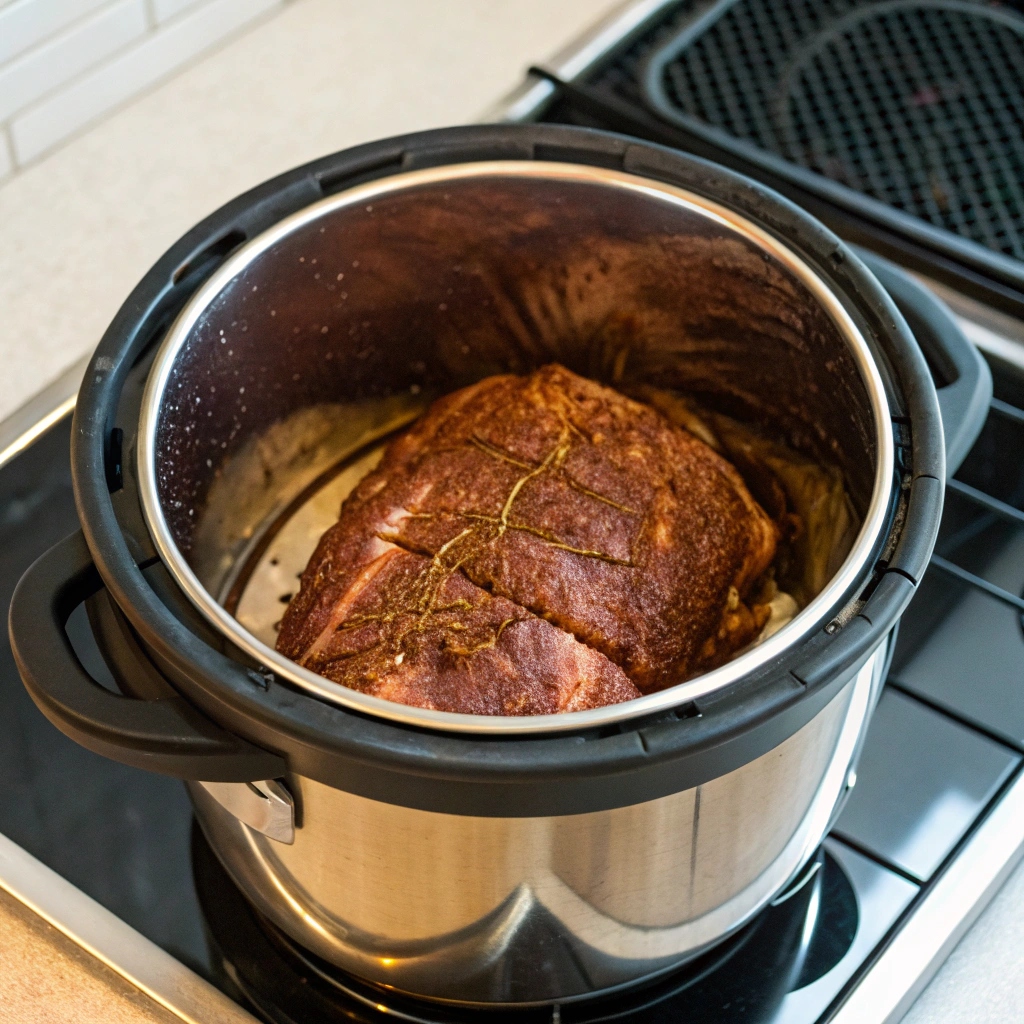 A perfectly cooked chuck roast inside an Instant Pot, with the lid slightly open, revealing tender, juicy meat.