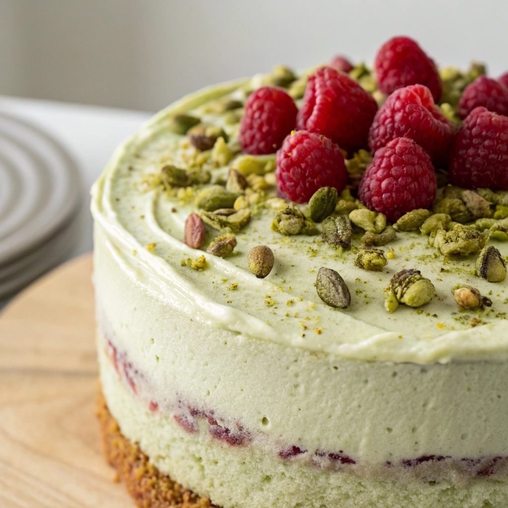 Pistachio Raspberry Cake Frosted with Pistachio Buttercream displayed elegantly on a wooden table.