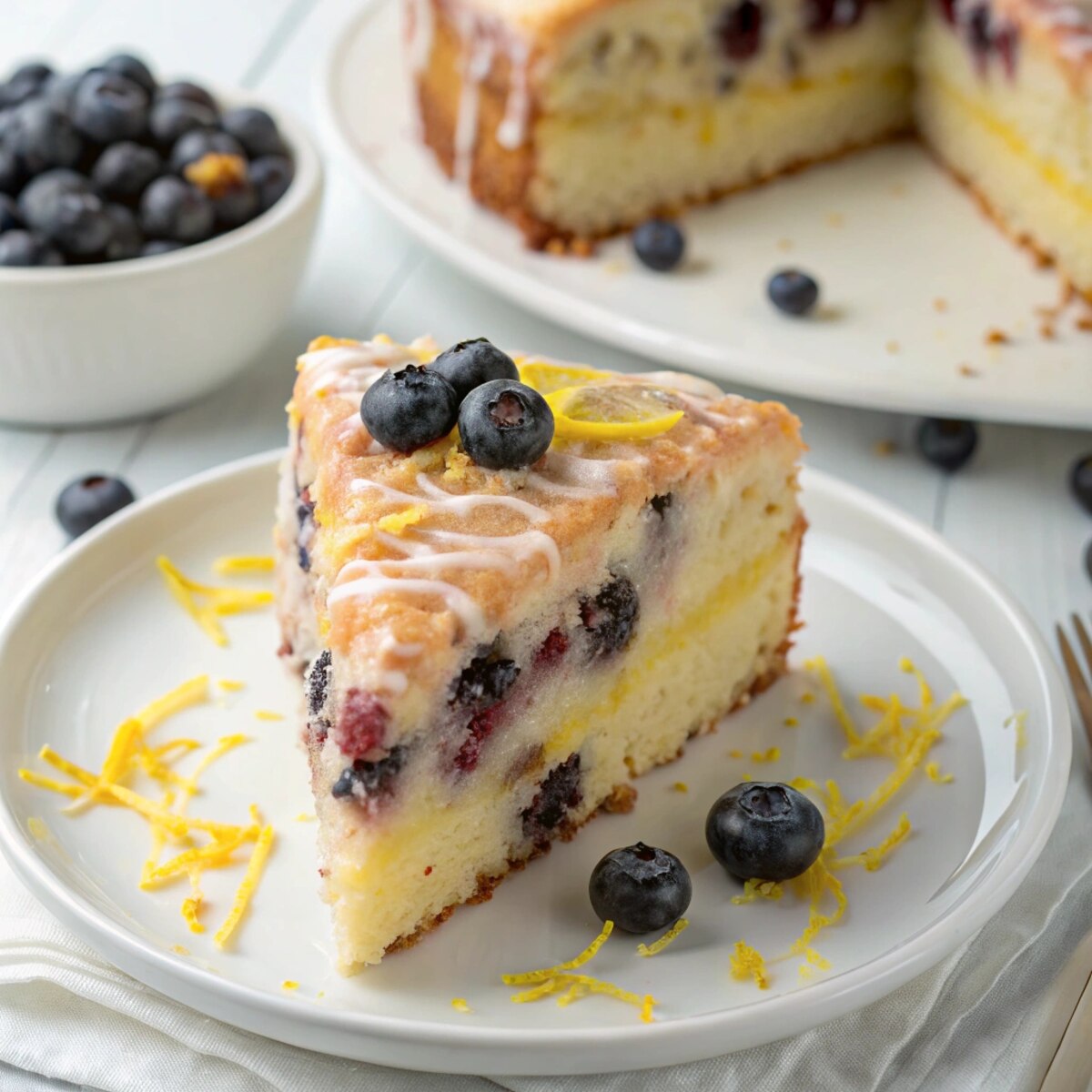 "A slice of moist lemon blueberry cake topped with fresh blueberries and lemon zest, perfect for summer gatherings and sweet moments."