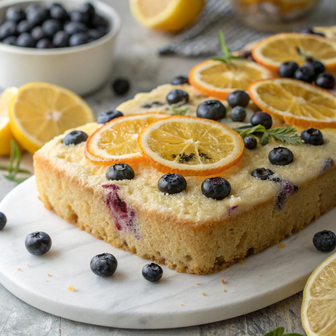 Lemon Blueberry Cake topped with slices of fresh citrus fruits like orange and lemon for a zesty twist