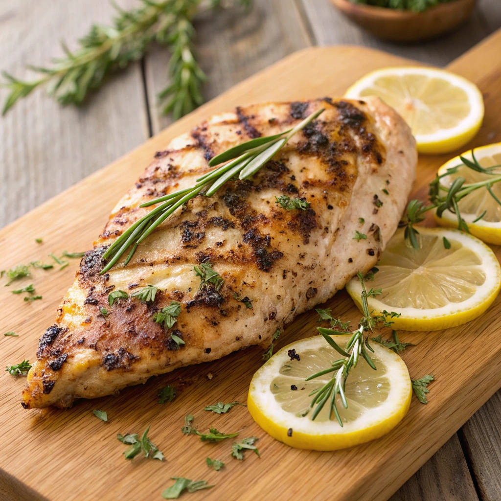 Lemon Herb Grilled Chicken served on a plate with fresh herbs and lemon slices