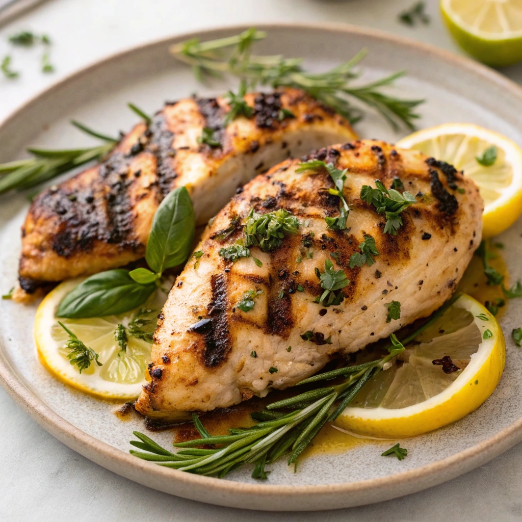 Lemon Herb Grilled Chicken served on a plate with fresh herbs and lemon slices