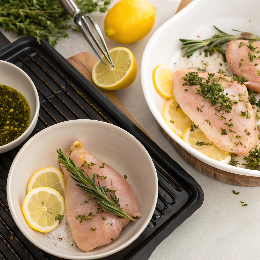 Lemon Herb Grilled Chicken served on a plate with fresh herbs and lemon slices