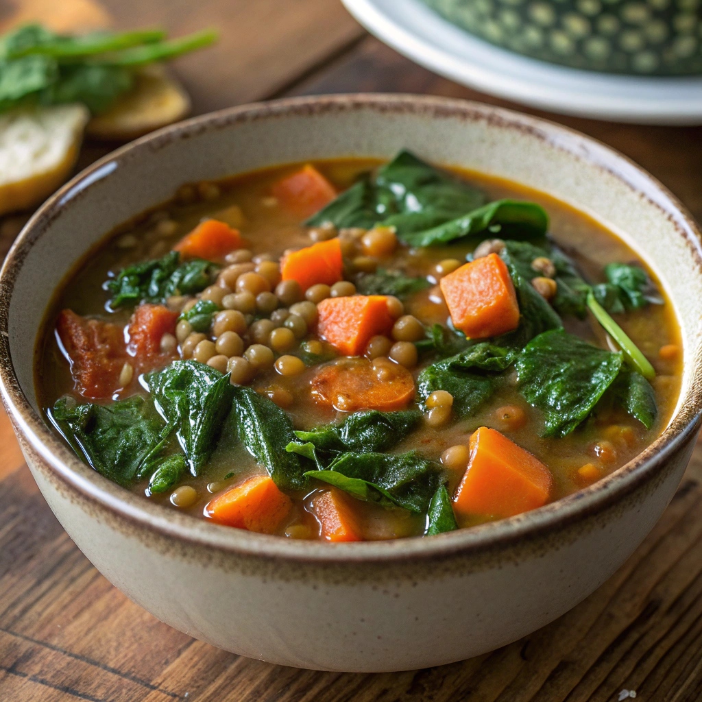 Delicious Lentil Soup with Spinach and Carrots served in a bowl  