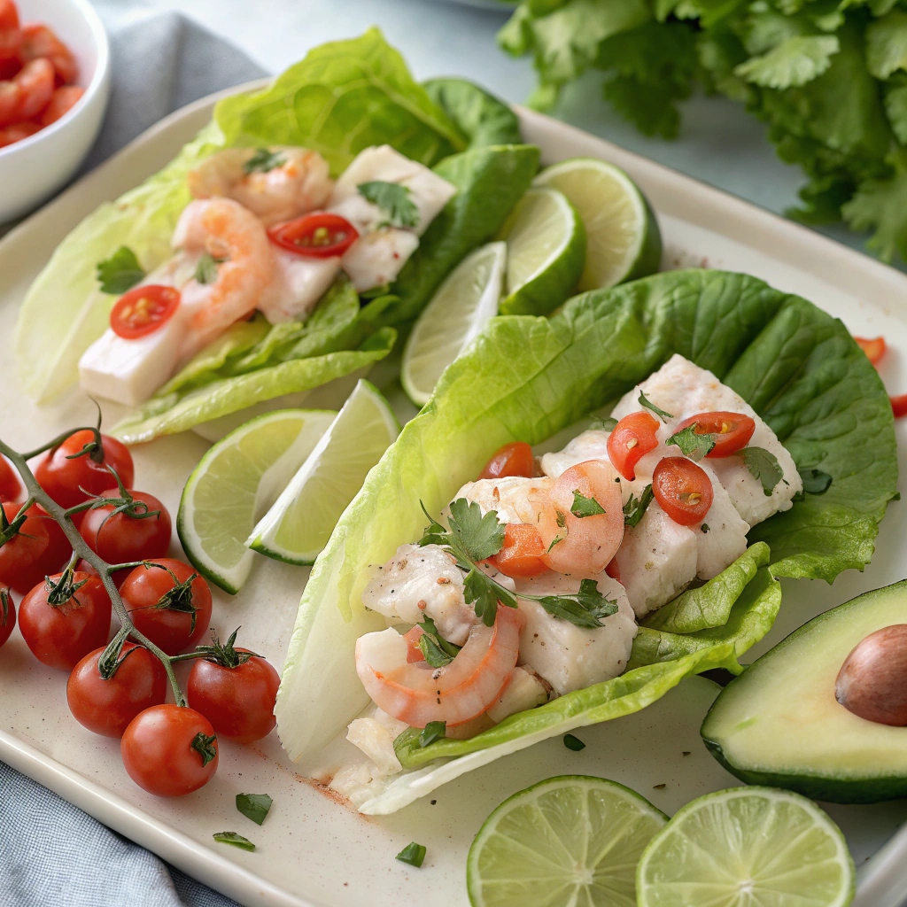 "Crisp romaine lettuce filled with flavorful seasoned schrimps and fresh vegetables, ready to be enjoyed as healthy lettuce wraps."