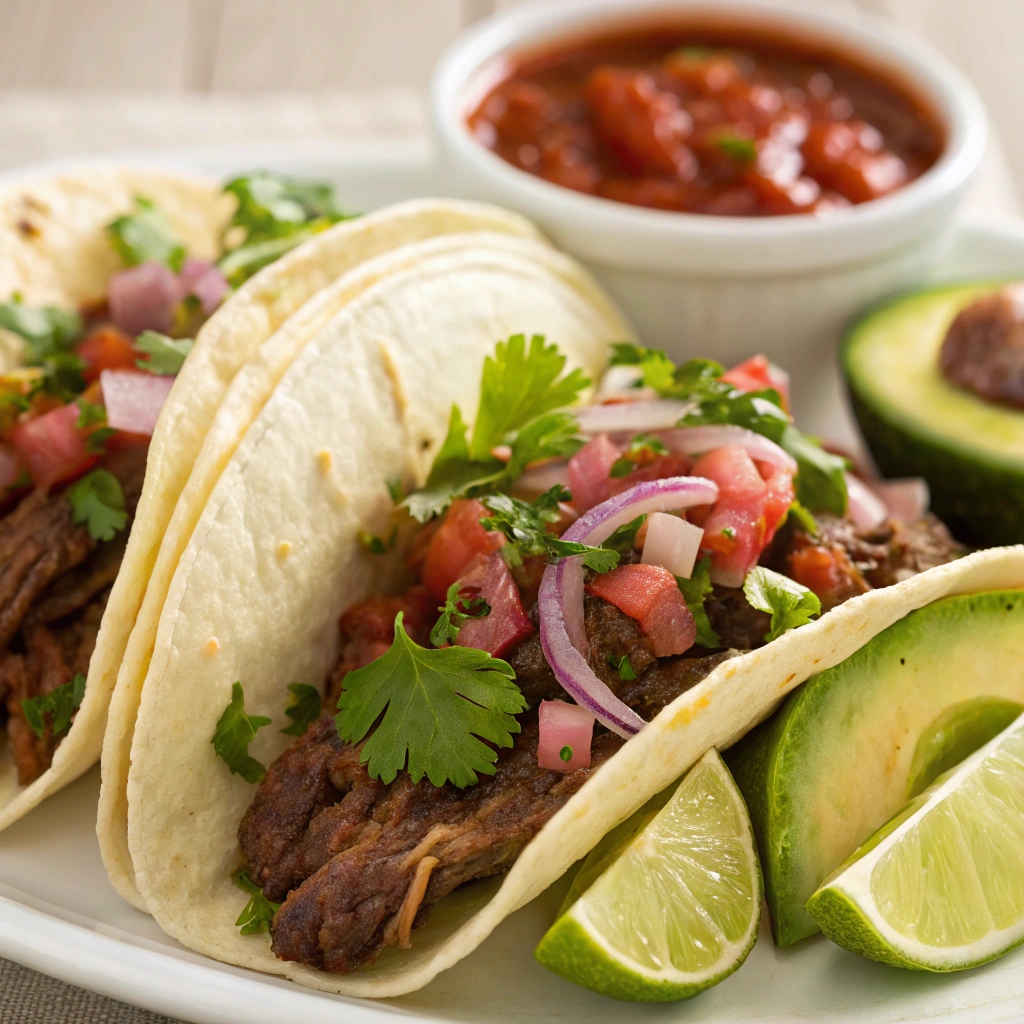 Plate of tacos filled with shredded chuck roast, topped with fresh salsa, sliced avocado, cilantro, and a squeeze of lime.