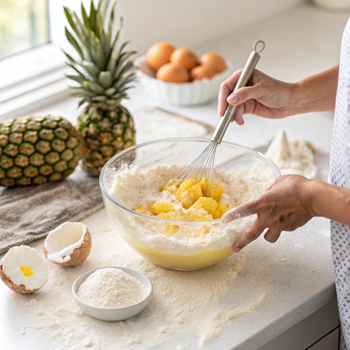 Mixing batter with crushed pineapple and flour for pineapple cake