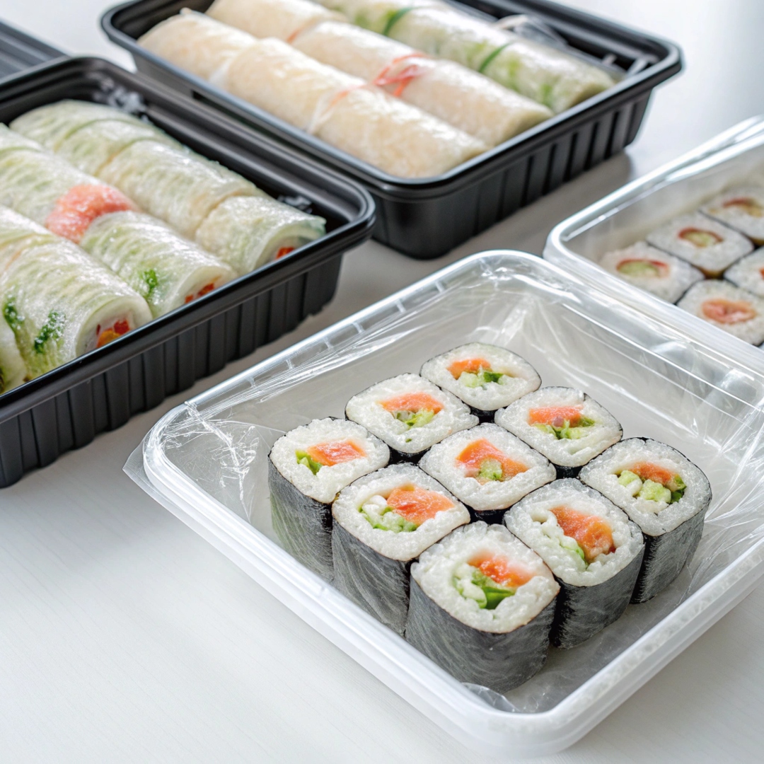 Multiple prepared sushi rolls wrapped in plastic wrap and stored in containers, ready for refrigeration or quick assembling later.  