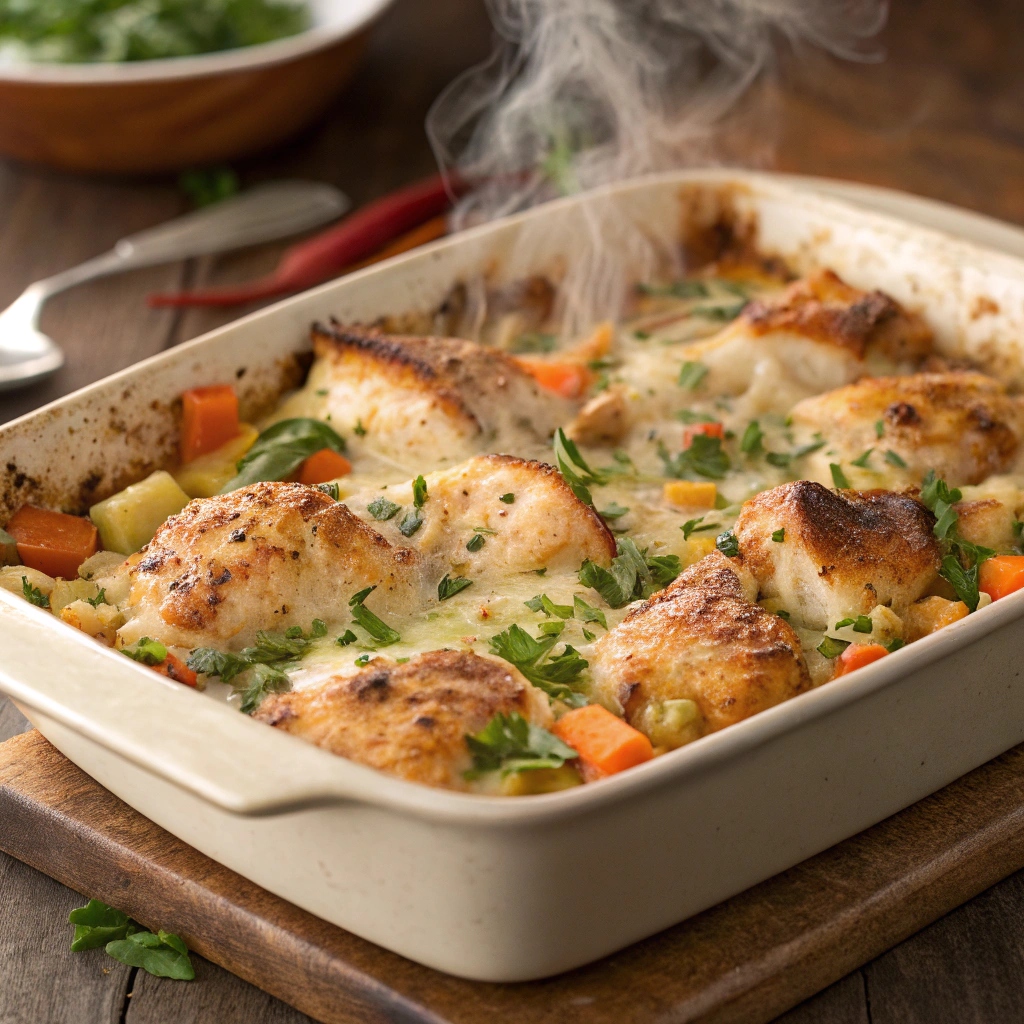 Creamy Neiman Marcus Chicken Casserole topped with buttery crackers and melted cheese
