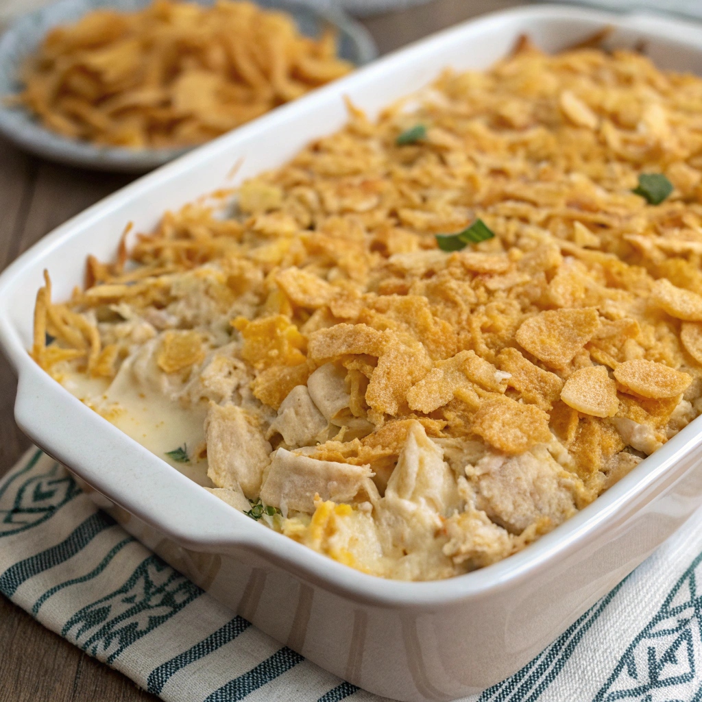 Creamy Neiman Marcus Chicken Casserole topped with buttery crackers and melted cheese