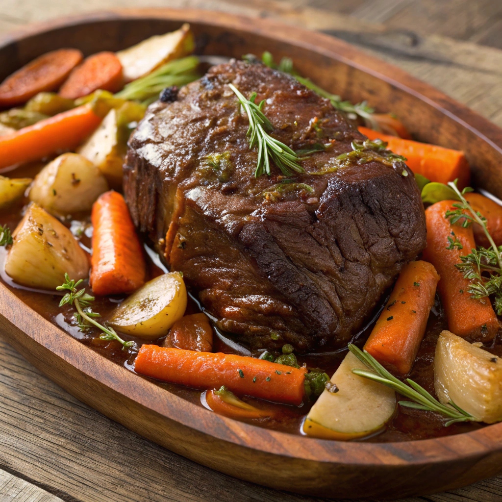 A beautifully plated oven-braised chuck roast surrounded by tender vegetables such as carrots, potatoes, and onions in a rich gravy.