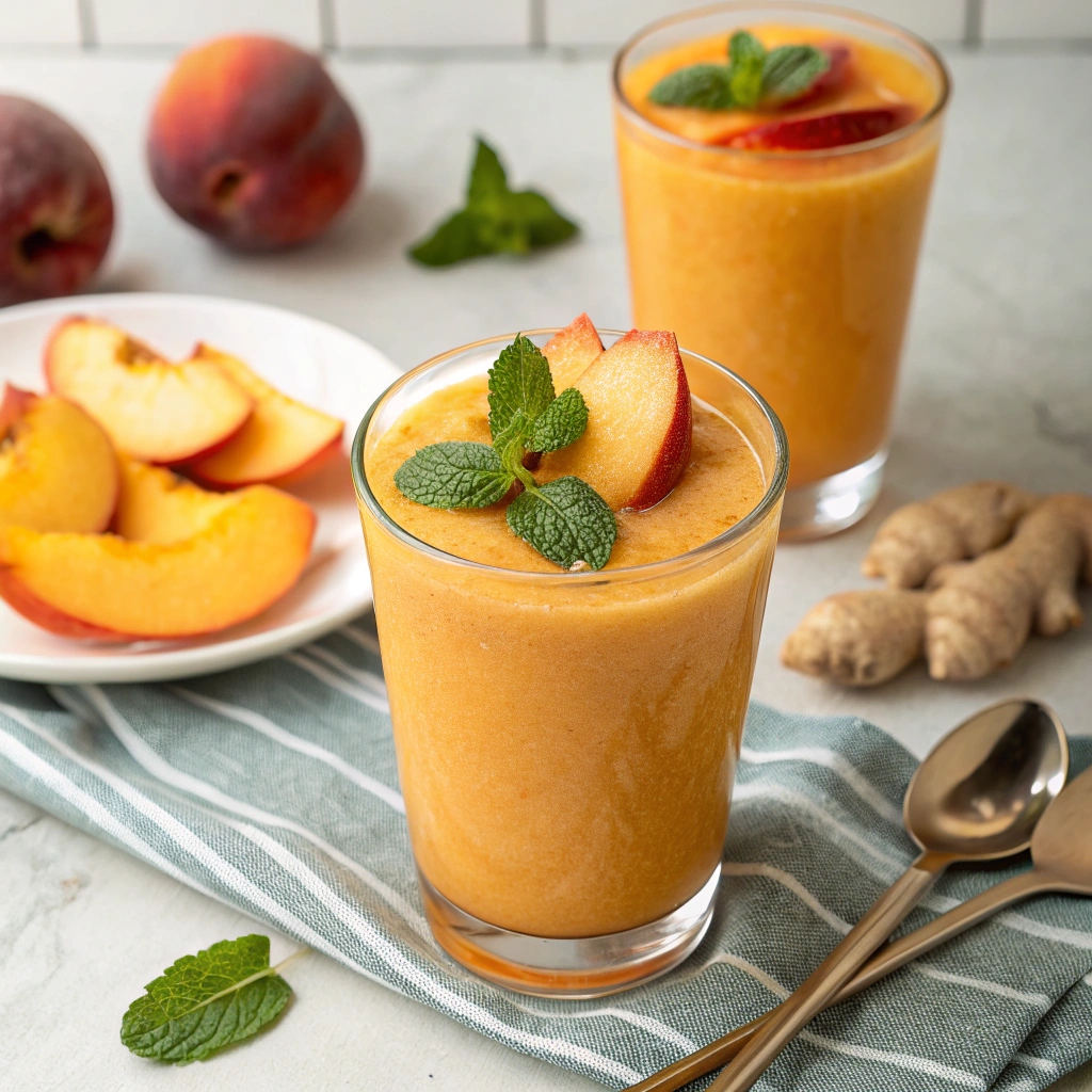 A creamy orange peach ginger smoothie topped with peach slices and fresh mint, served in a clear glass, surrounded by peaches and ginger.
