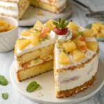 Moist pineapple cake layered with pineapple chunks and frosting, topped with fresh fruit